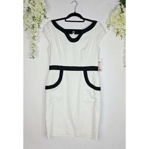 Maggy London Dresses & Skirts - New Maggy London Linen Career Dress 14 White Black Trim Pockets Minimalist Offic